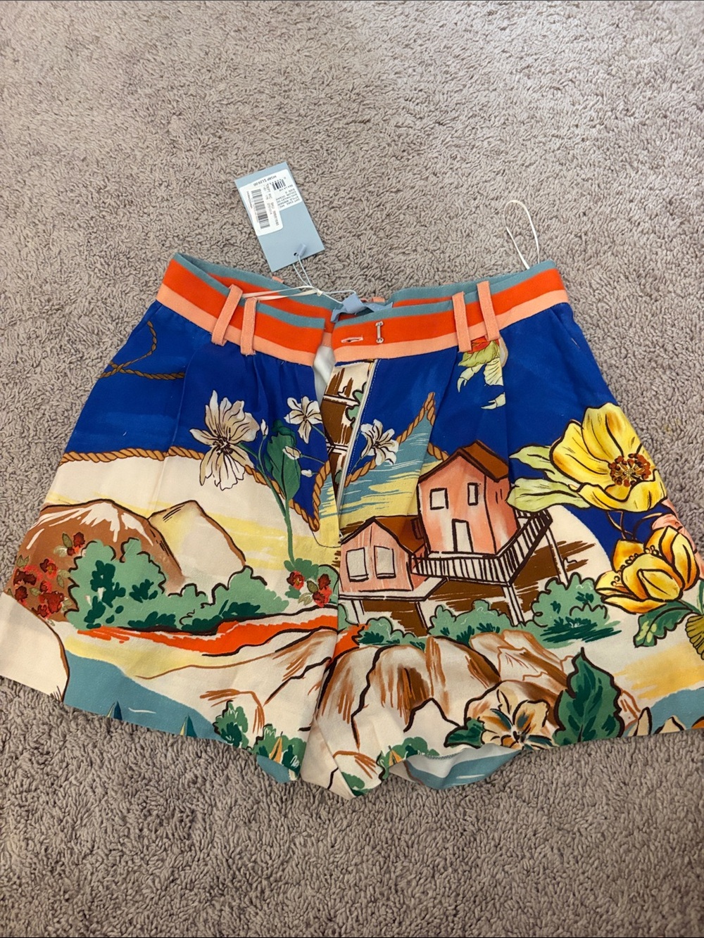 ANTONIO MELANI Scenic Floral High-Waist Shorts in Blue, Yellow and Orange